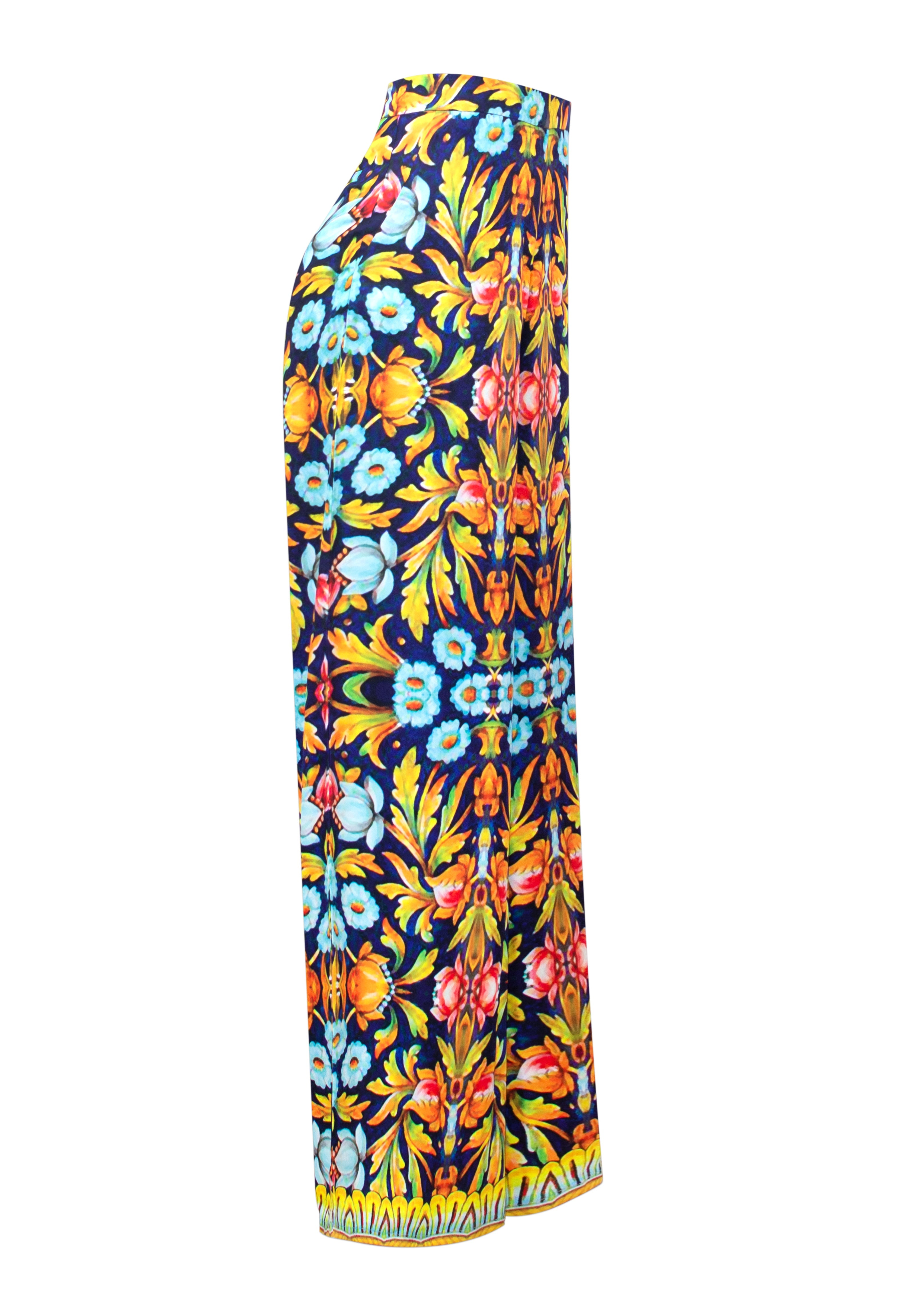 Colorful floral-patterned pants on a white background