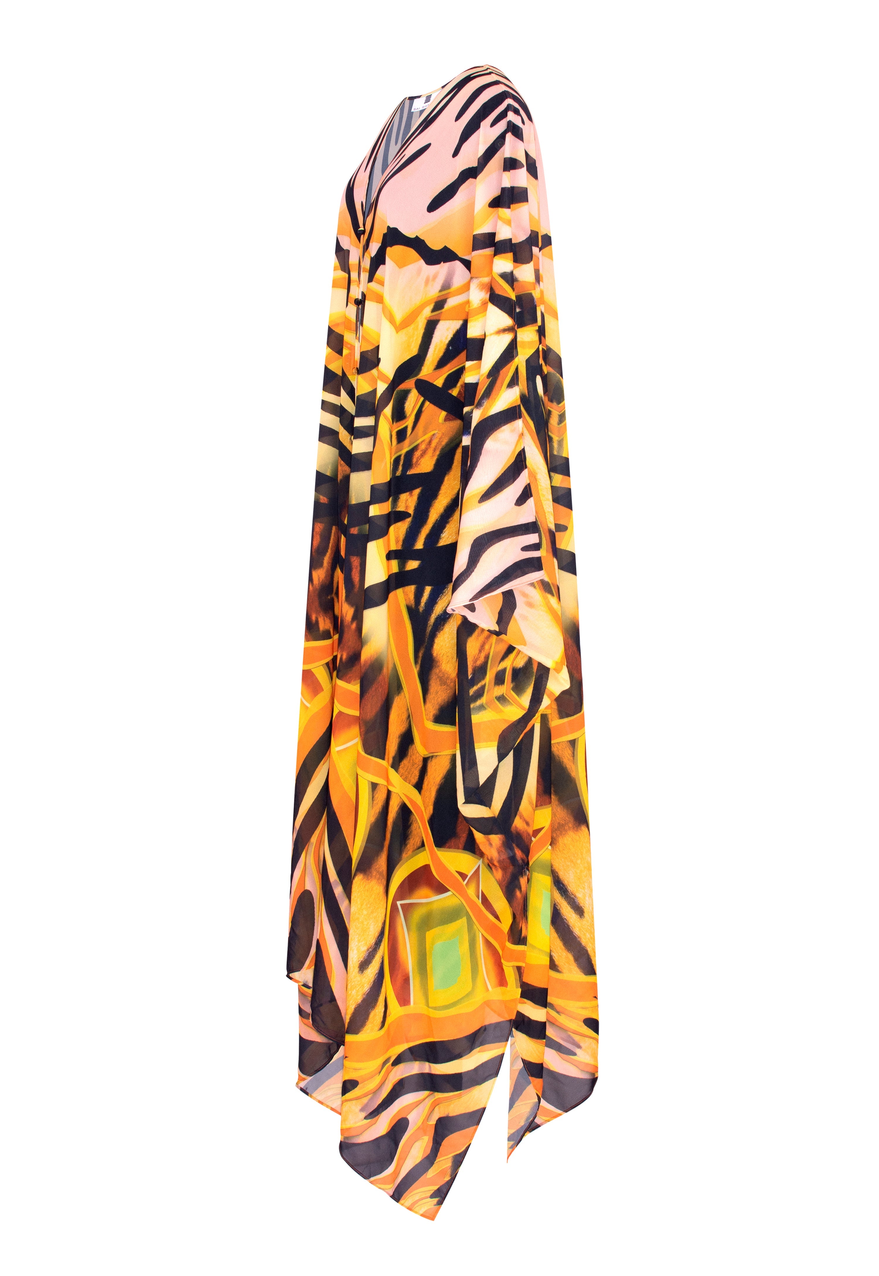 Long dress with tiger stripe pattern on a white background