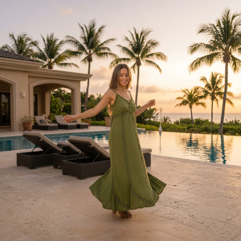 AI-edited square lifestyle image of a woman wearing the green Sakkas Allie embroidered maxi dress beside a resort pool at sunset.