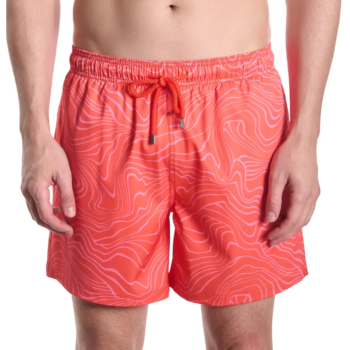 Red swim shorts with a pattern on a white background