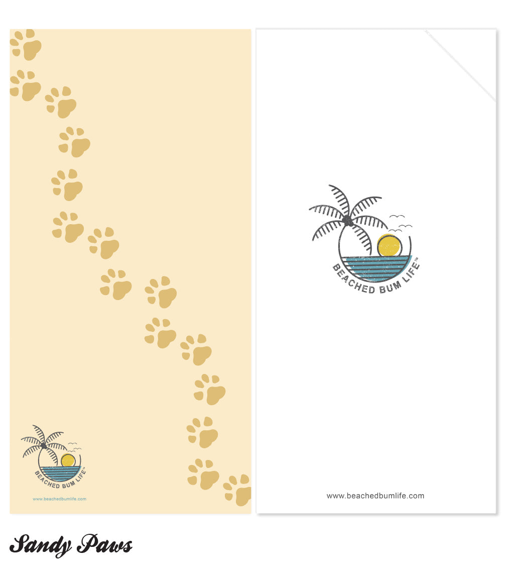 Beach-themed product with paw prints and 'Beached Bum Life' logo on a beige background