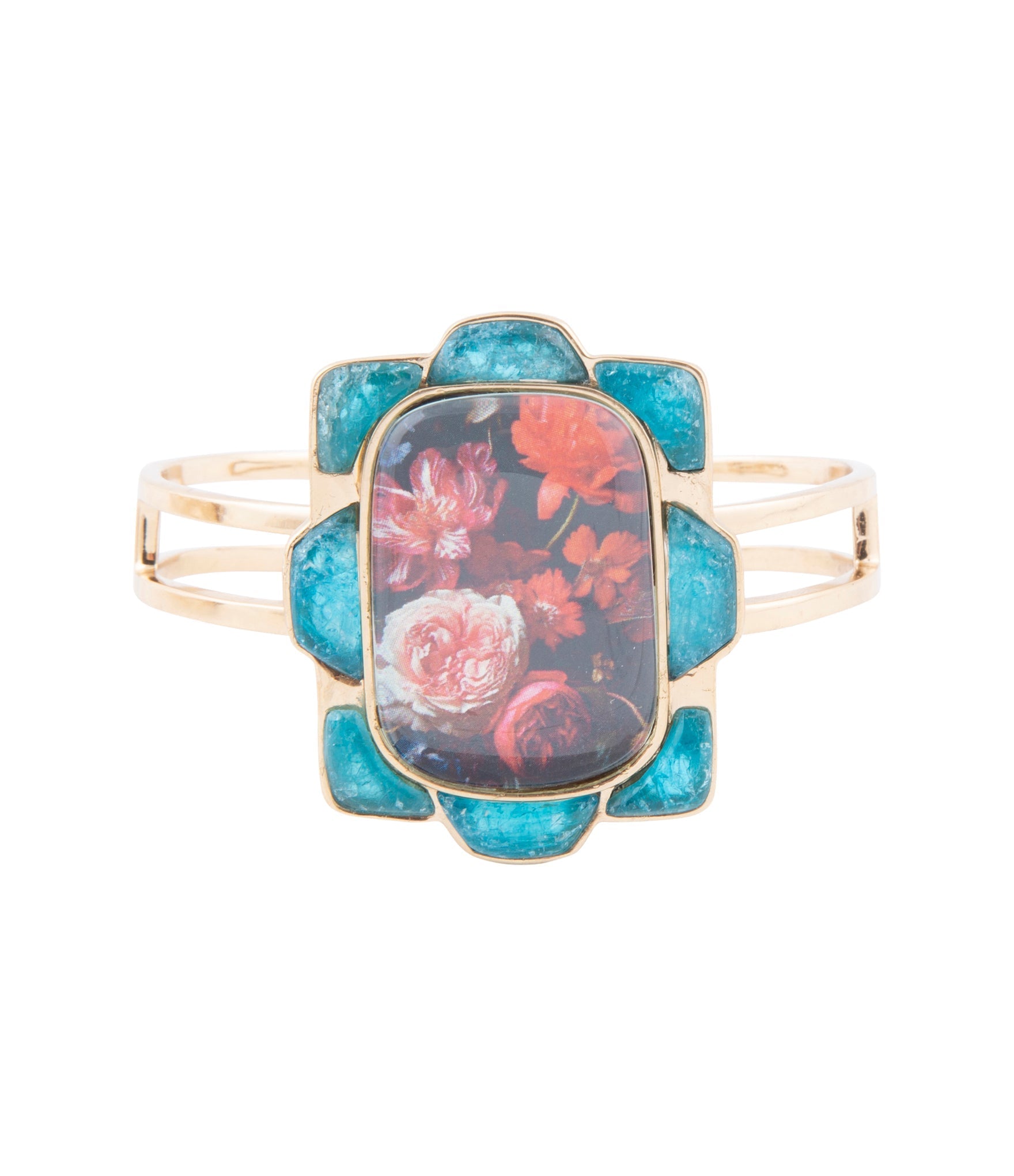 Decorative bracelet with floral design and turquoise accents on a white background
