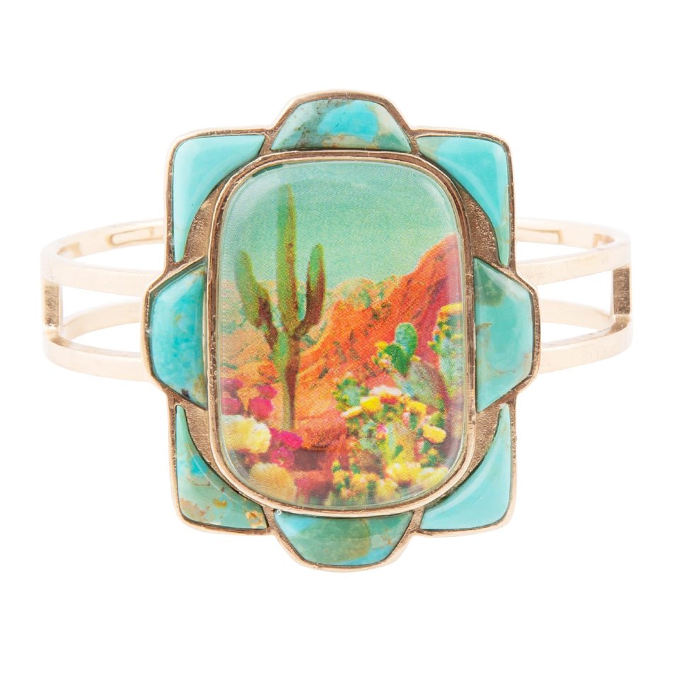 Cuff bracelet with a colorful coral reef design on a white background