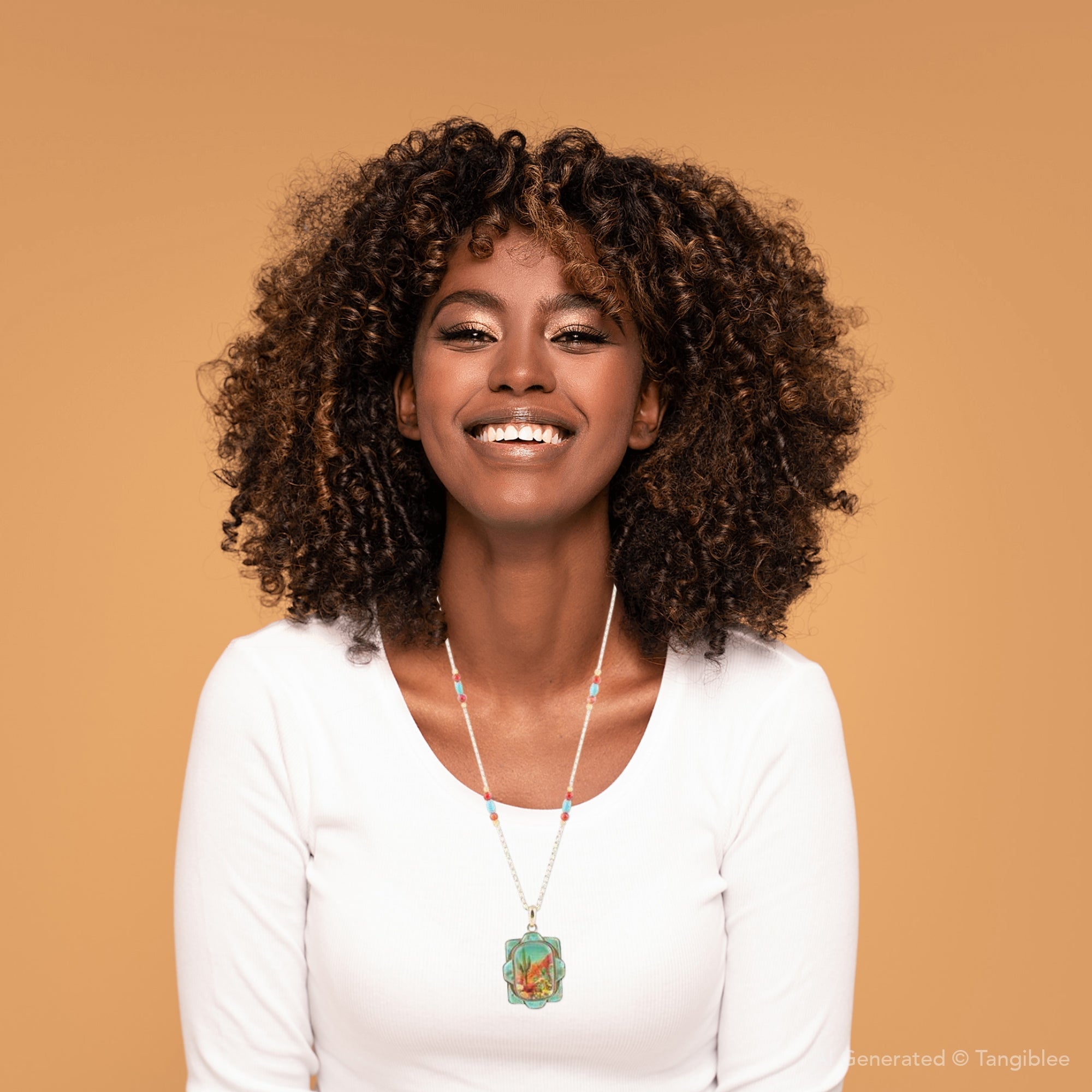 Woman wearing a white shirt and a necklace with a pendant on a beige background