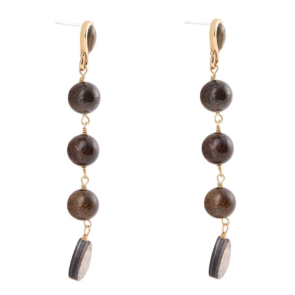 Pair of earrings with brown beads and gold accents on a white background