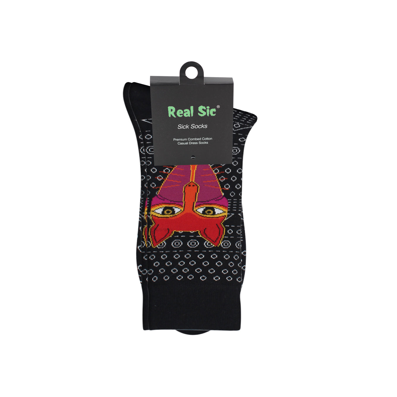 Black sock with colorful design on a white background