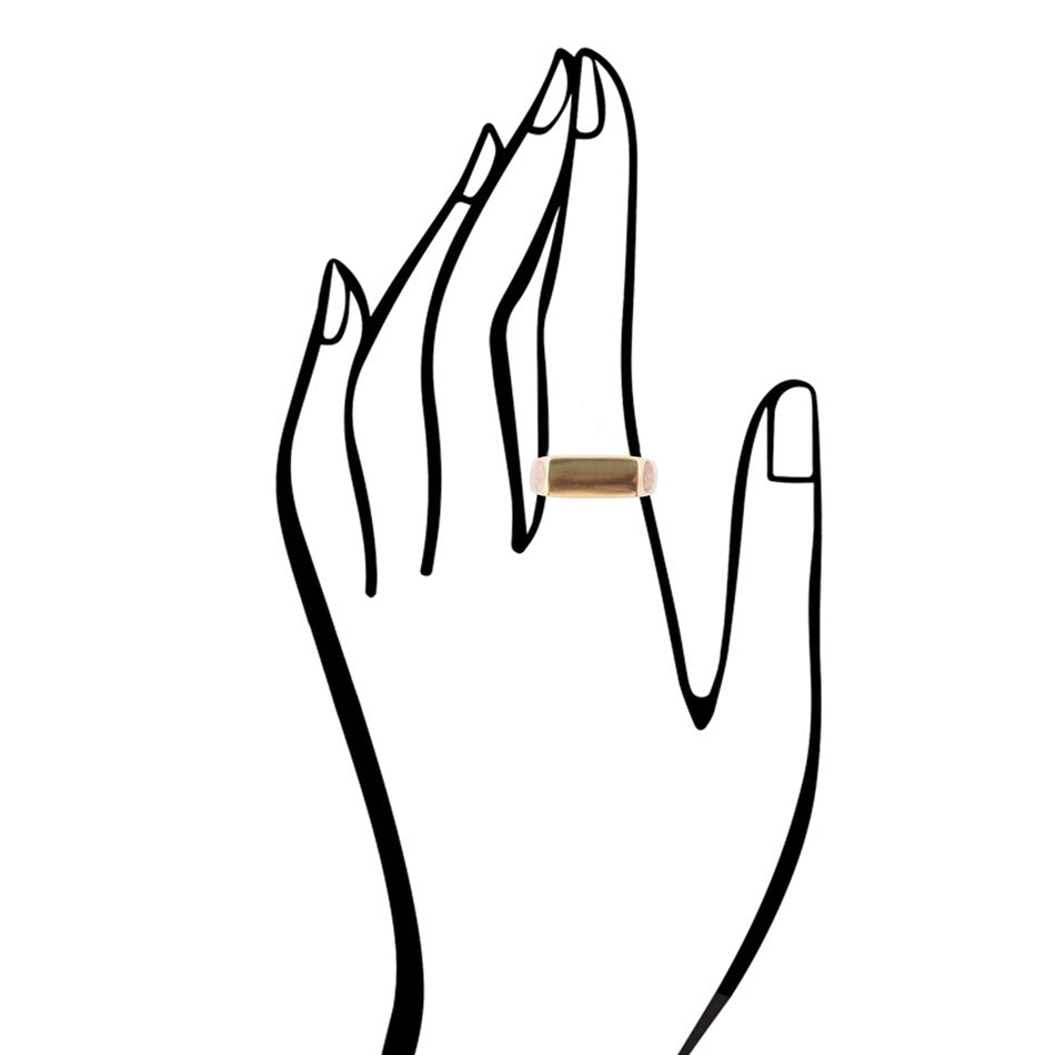 Line drawing of a hand wearing a gold ring on a white background