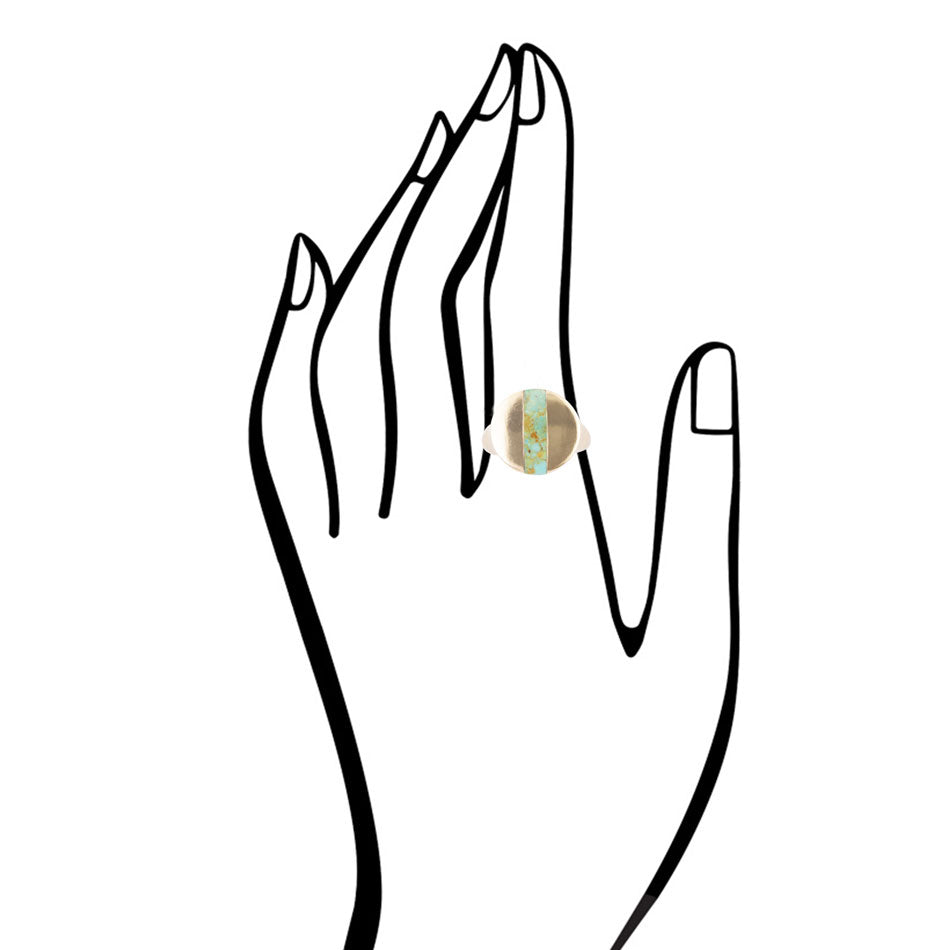 Line drawing of a hand wearing an opal ring on a white background