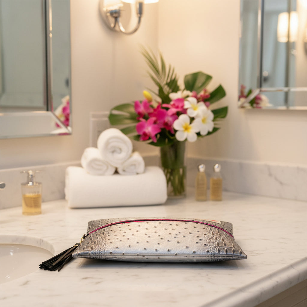 Silver textured clutch with pink interior and tassel on a white background