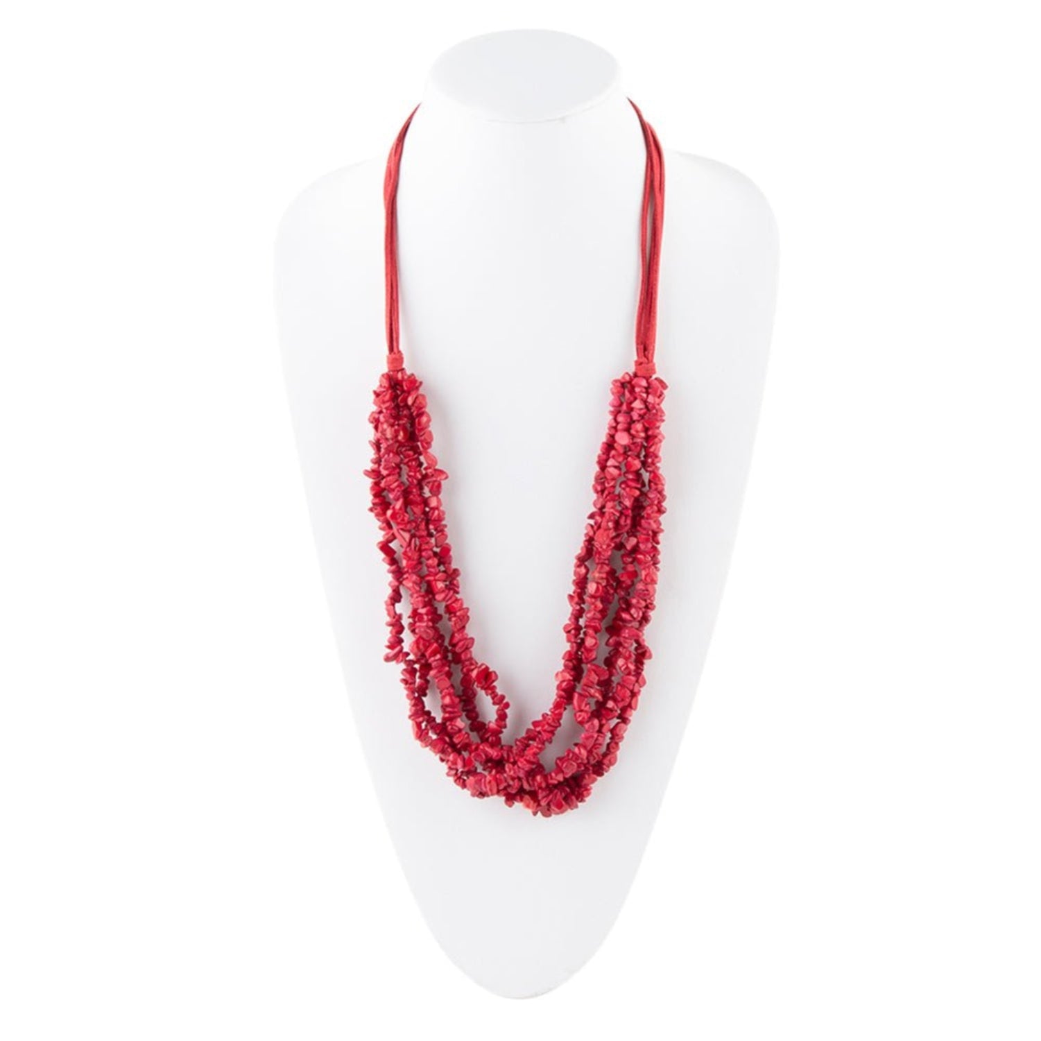Red beaded necklace on a white mannequin bust