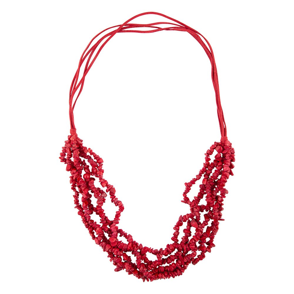 Red beaded necklace on a white background
