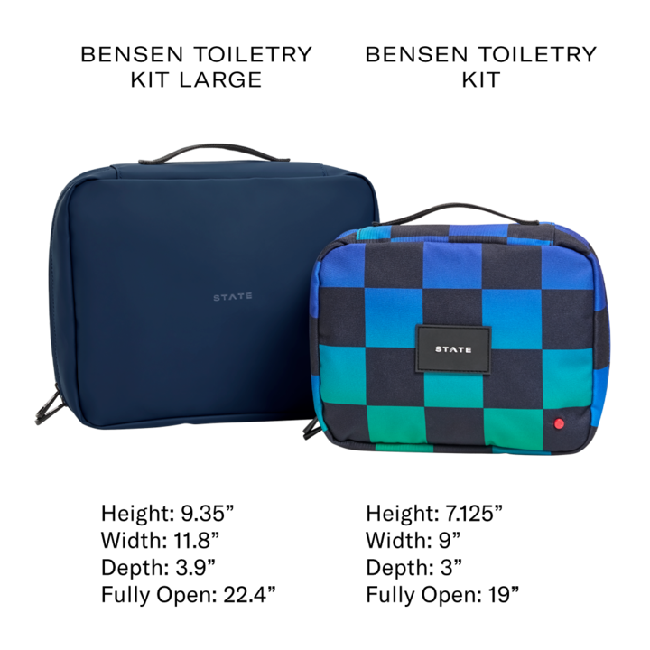 Two toiletry kits, one large navy and one checkered blue and green, with dimensions displayed.