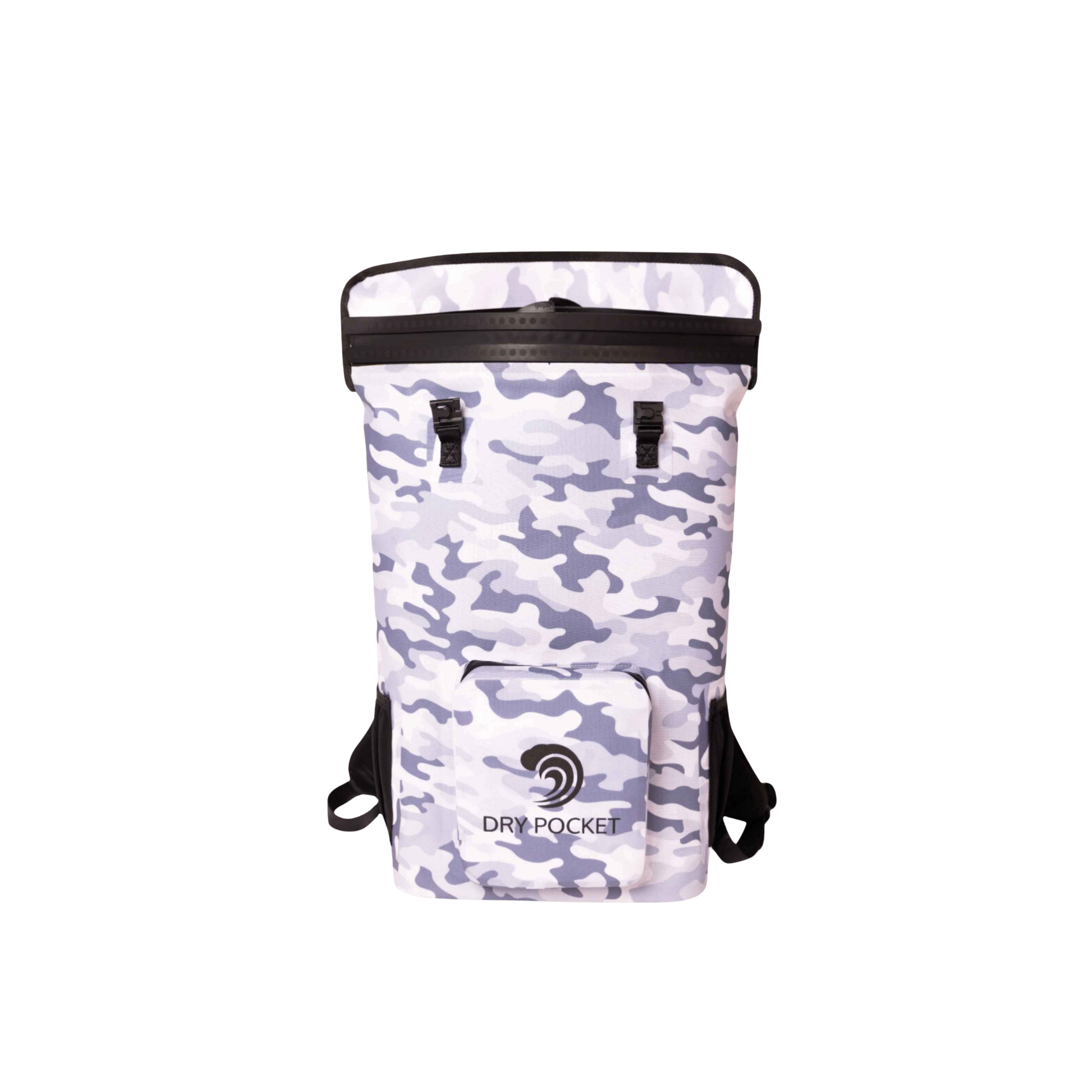 White camouflage backpack with black accents on a white background
