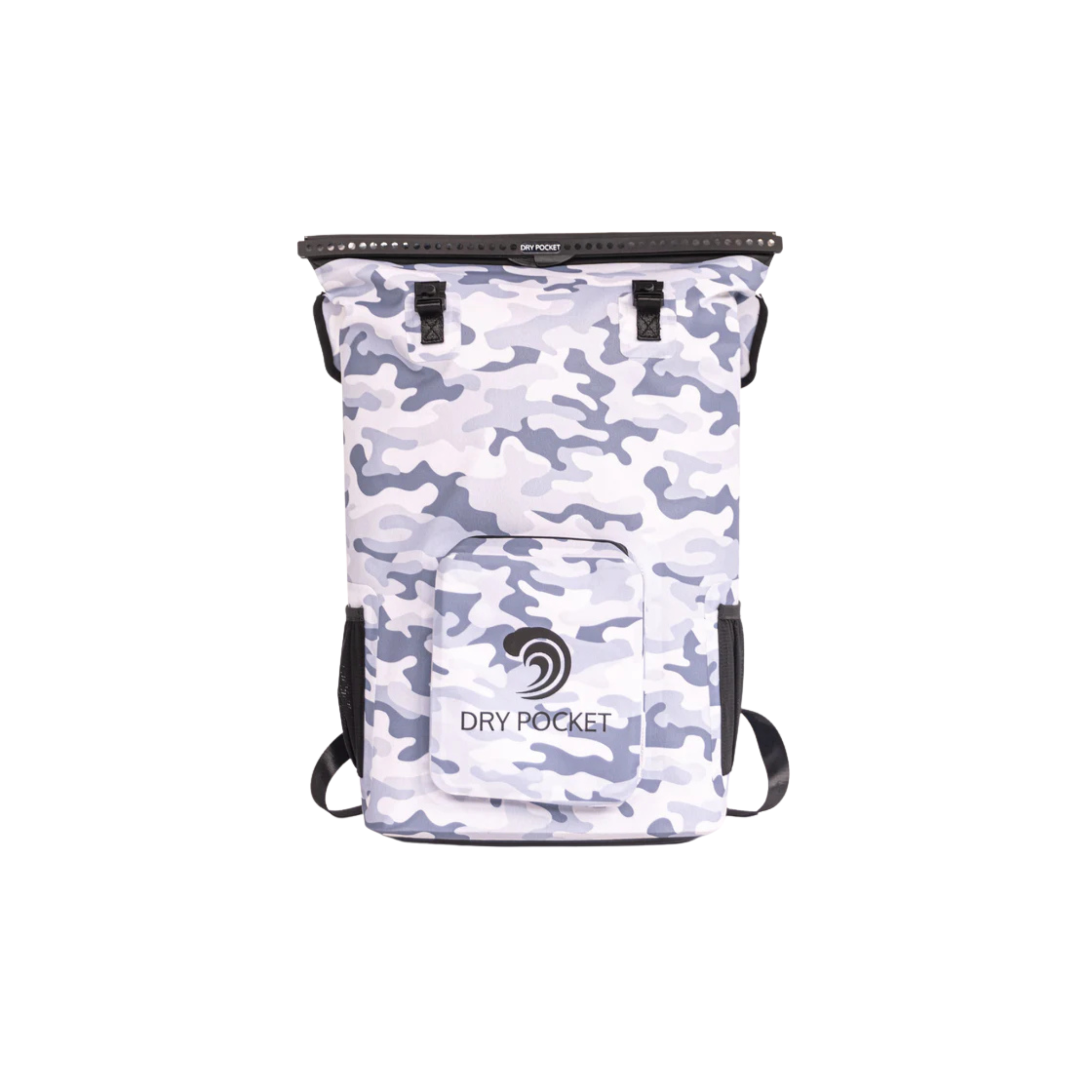 Camouflage-patterned backpack with 'Dry Pocket' branding on a white background