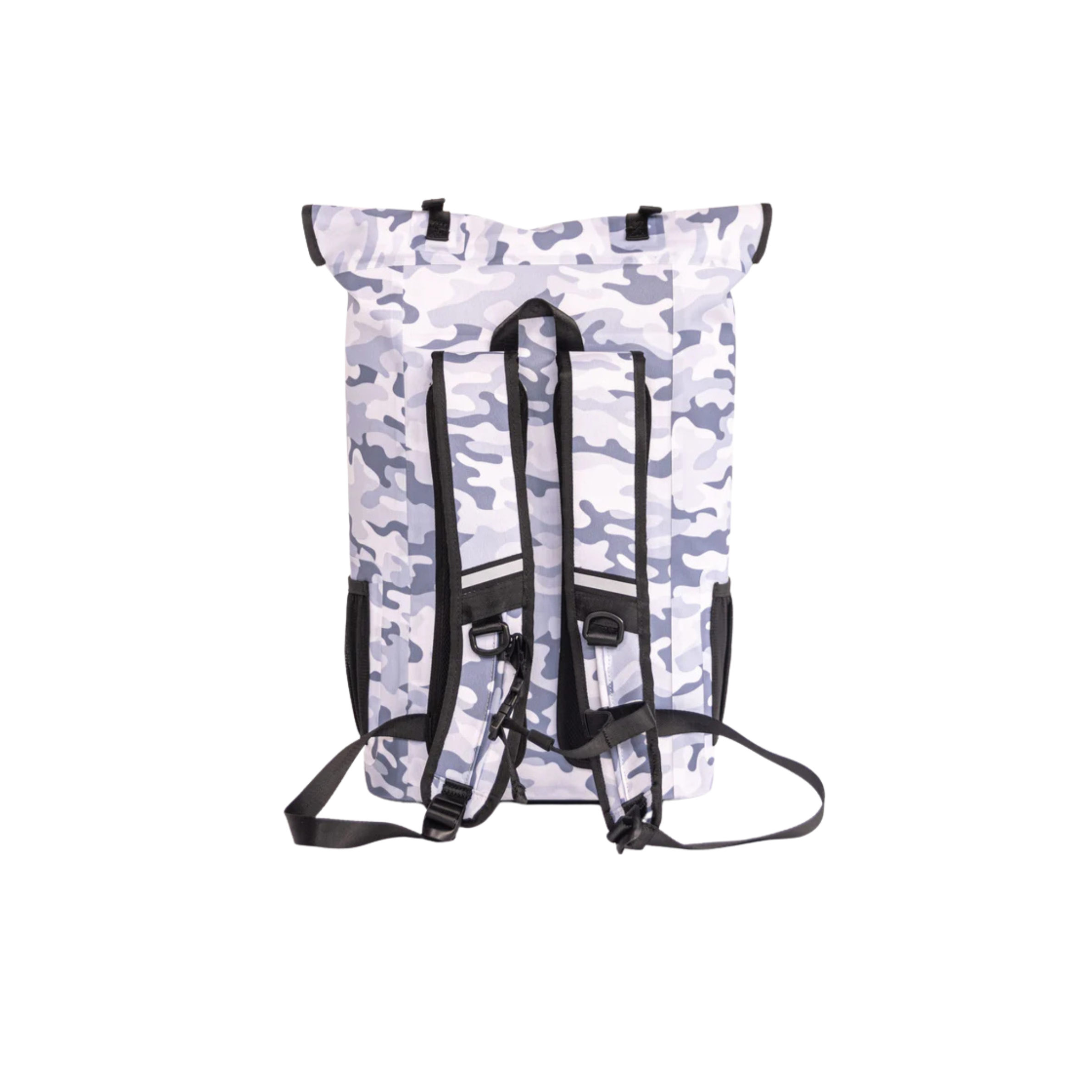 White camouflage backpack with black straps on a white background