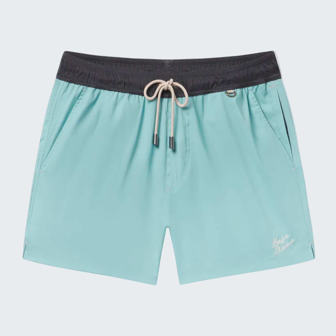 Light blue shorts with a black waistband on a white background