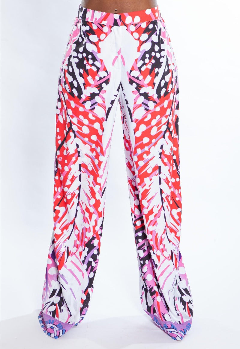 Colorful patterned pants on a white background