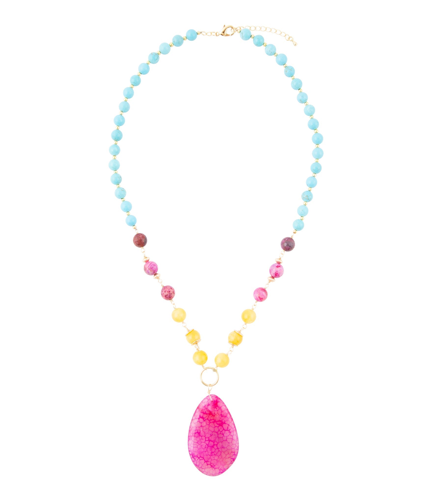 Necklace with colorful beads and a pink teardrop pendant on a white background