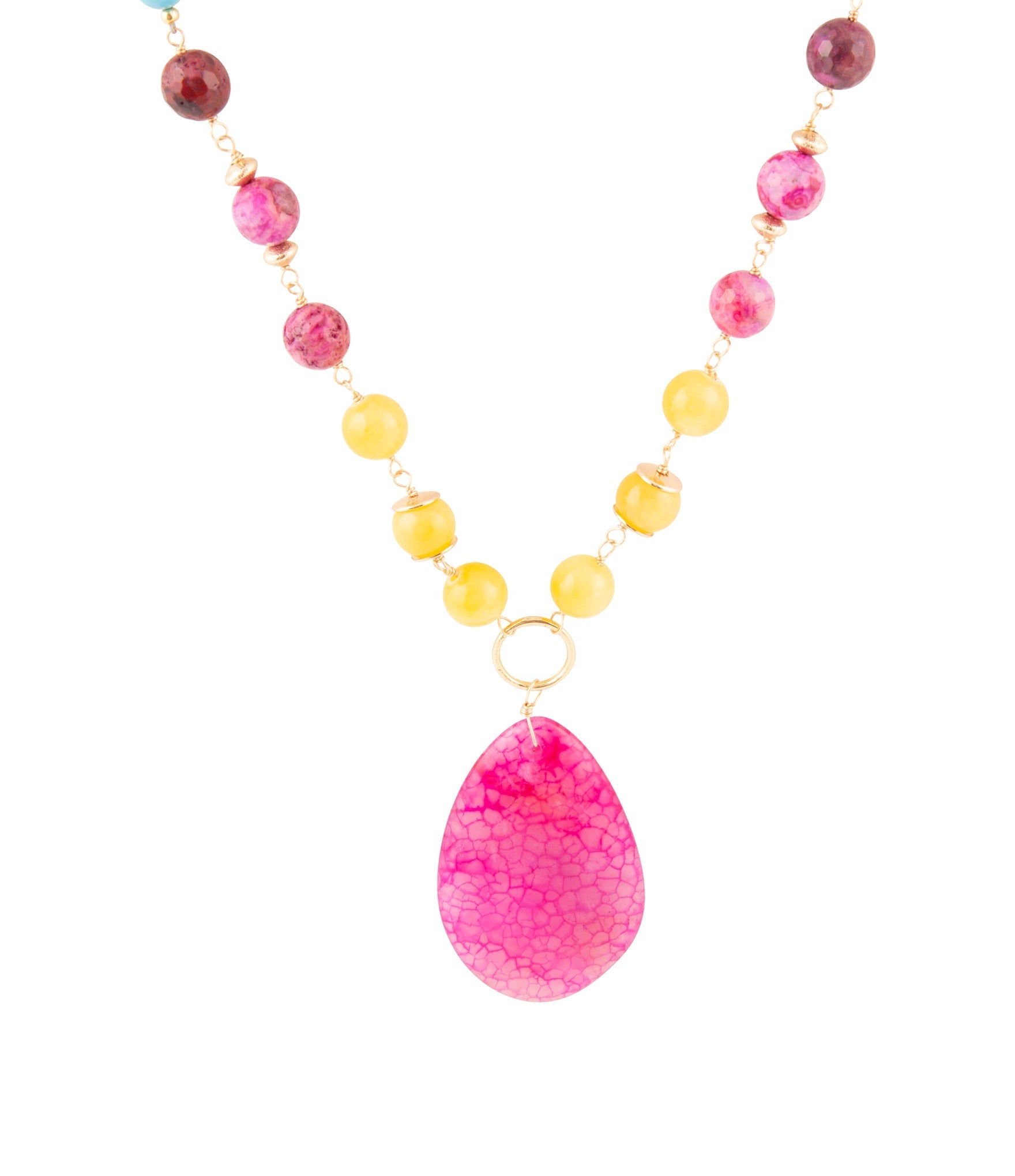 Necklace with pink and yellow beads on a white background