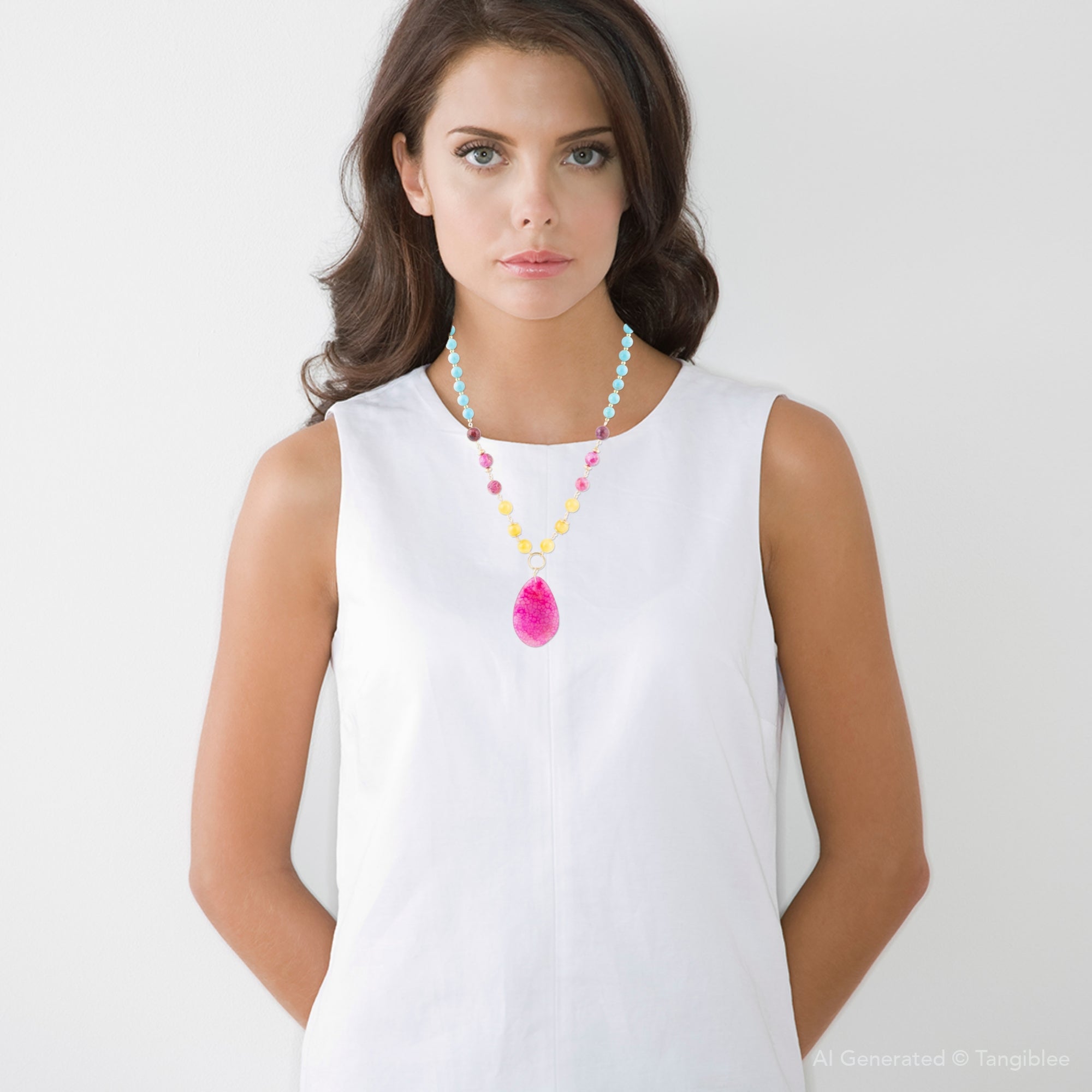 Woman wearing a colorful necklace against a white background