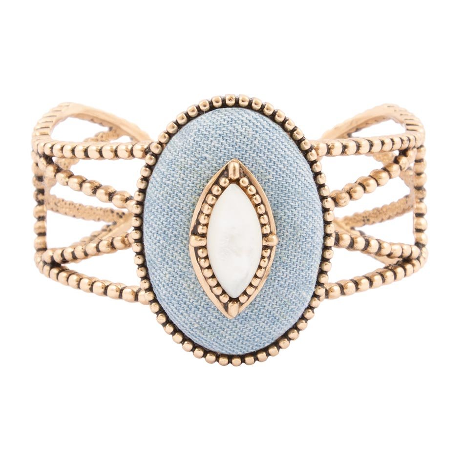 Bangle with blue center and gold accents on a white background