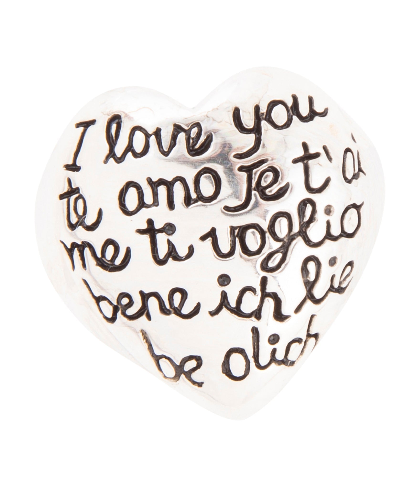 Heart-shaped object with multiple languages of 'I love you' on a white background