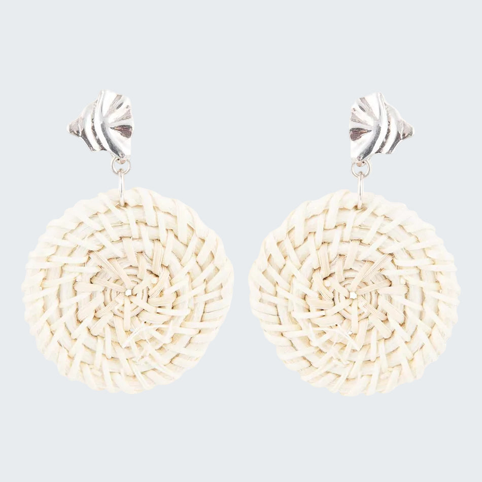 Pair of beige woven earrings with silver tops on a white background