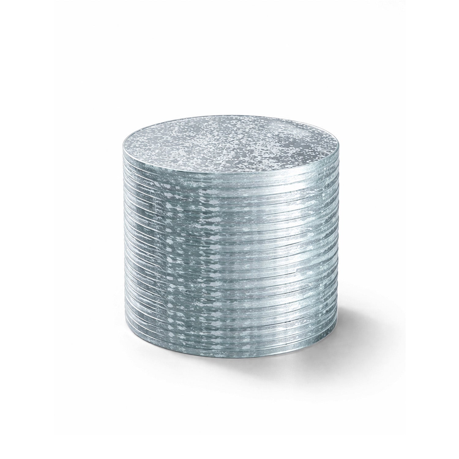 A stack of galvanized metal round caps or plugs with a threaded outer surface, shown on a clean white background.