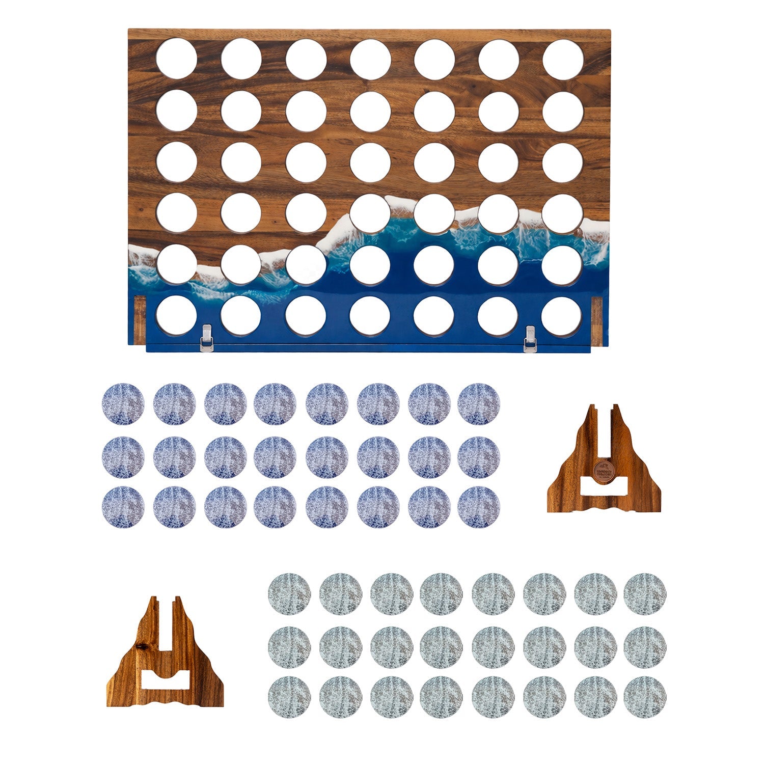 Wooden Connect 4 game set with a rectangular board featuring a blue ocean wave design, two wooden towers, and multiple round gray pegs, all arranged on a plain white background.