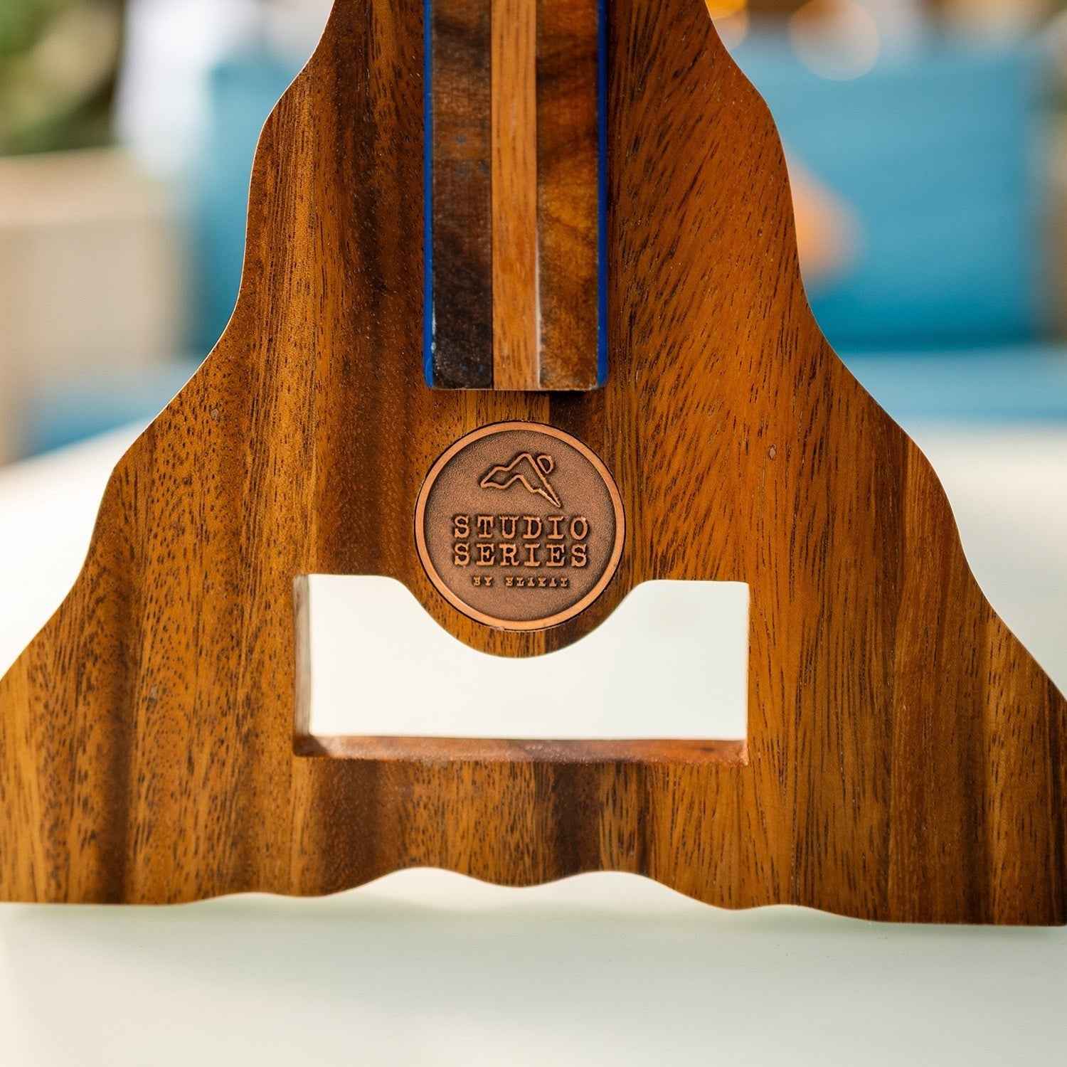 Close-up of a wooden guitar headstock or body component with a circular bronze-toned 'SANDRO BIRDS TO FINEST' logo badge and a rectangular cutout, shown against a softly blurred indoor background.