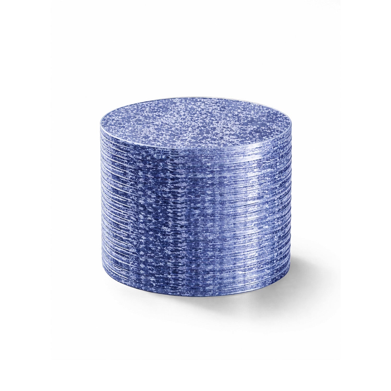 A stack of blue and white glittery cylindrical coasters on a clean white background.