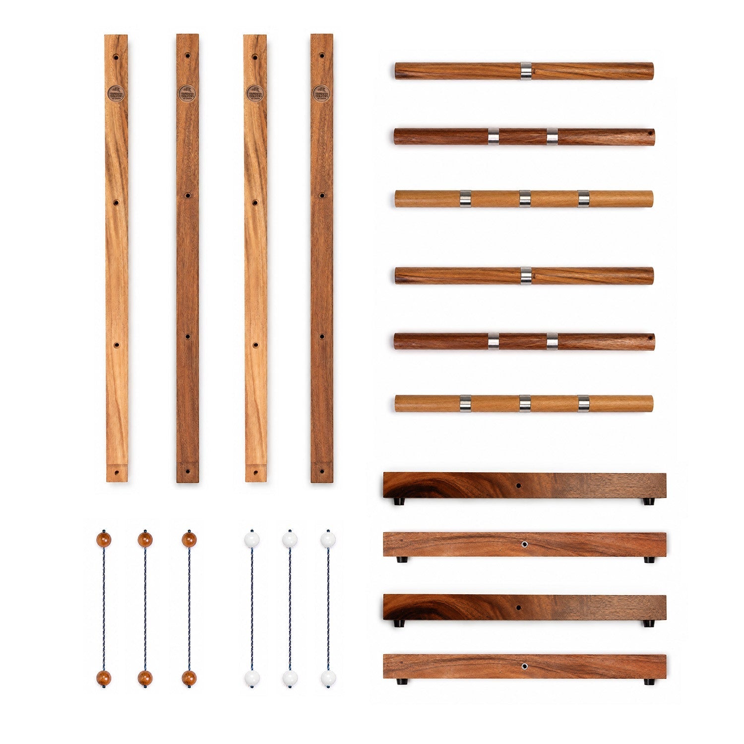 A set of wooden furniture hardware components, including four long vertical rails, four horizontal crossbars, four short horizontal rails, four long horizontal rails, four short horizontal rails, four small hanging chains, and four white cylindrical rods, all laid out on a plain white background.