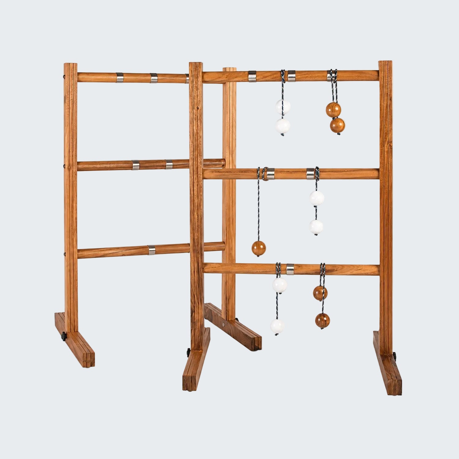 A wooden hanging bead garland display stand with three tiers of horizontal bars, metal connectors, and several wooden beads on hanging cords, shown on a plain white background.