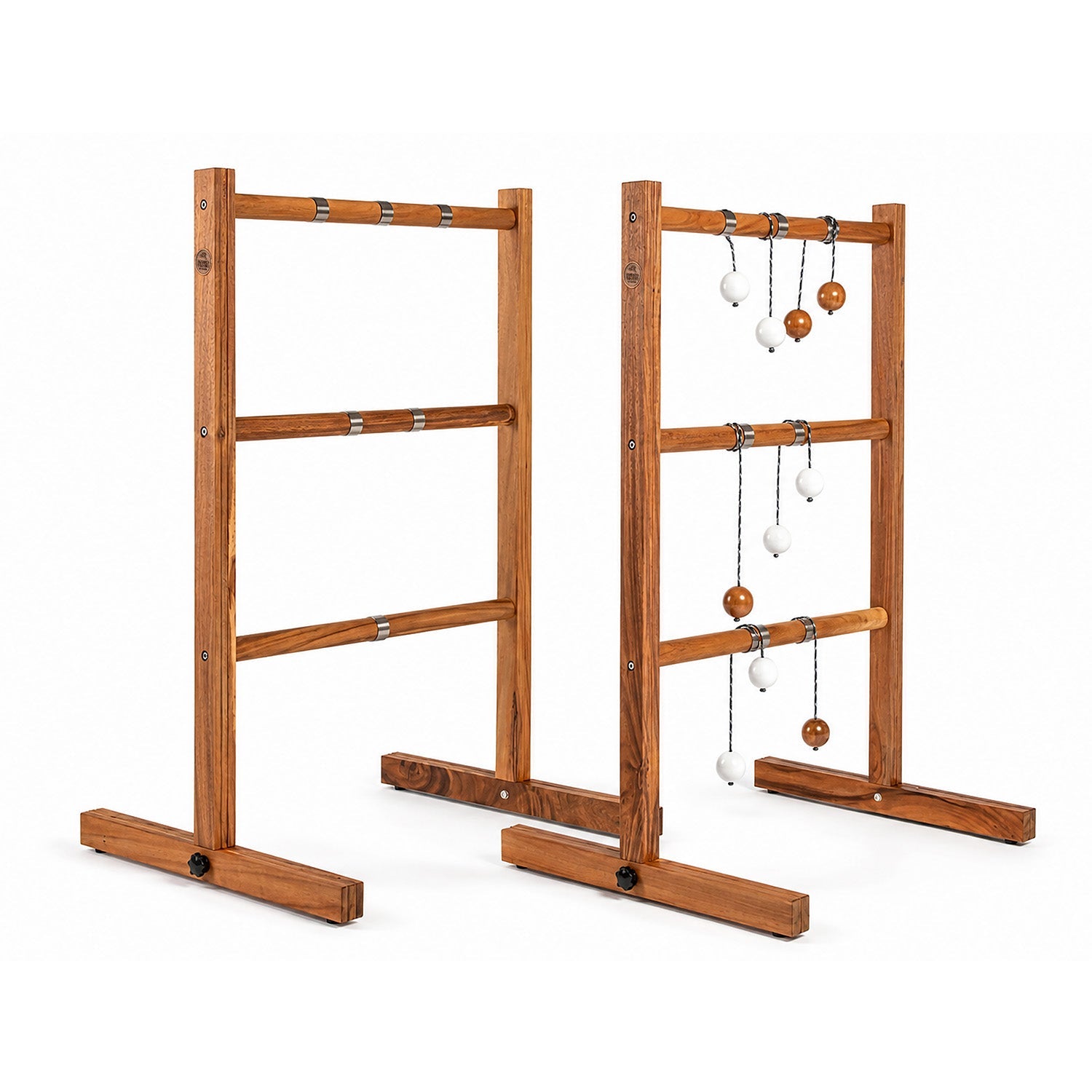 Two wooden hanging game stands with metal chains and hanging wooden balls, photographed on a clean white background.