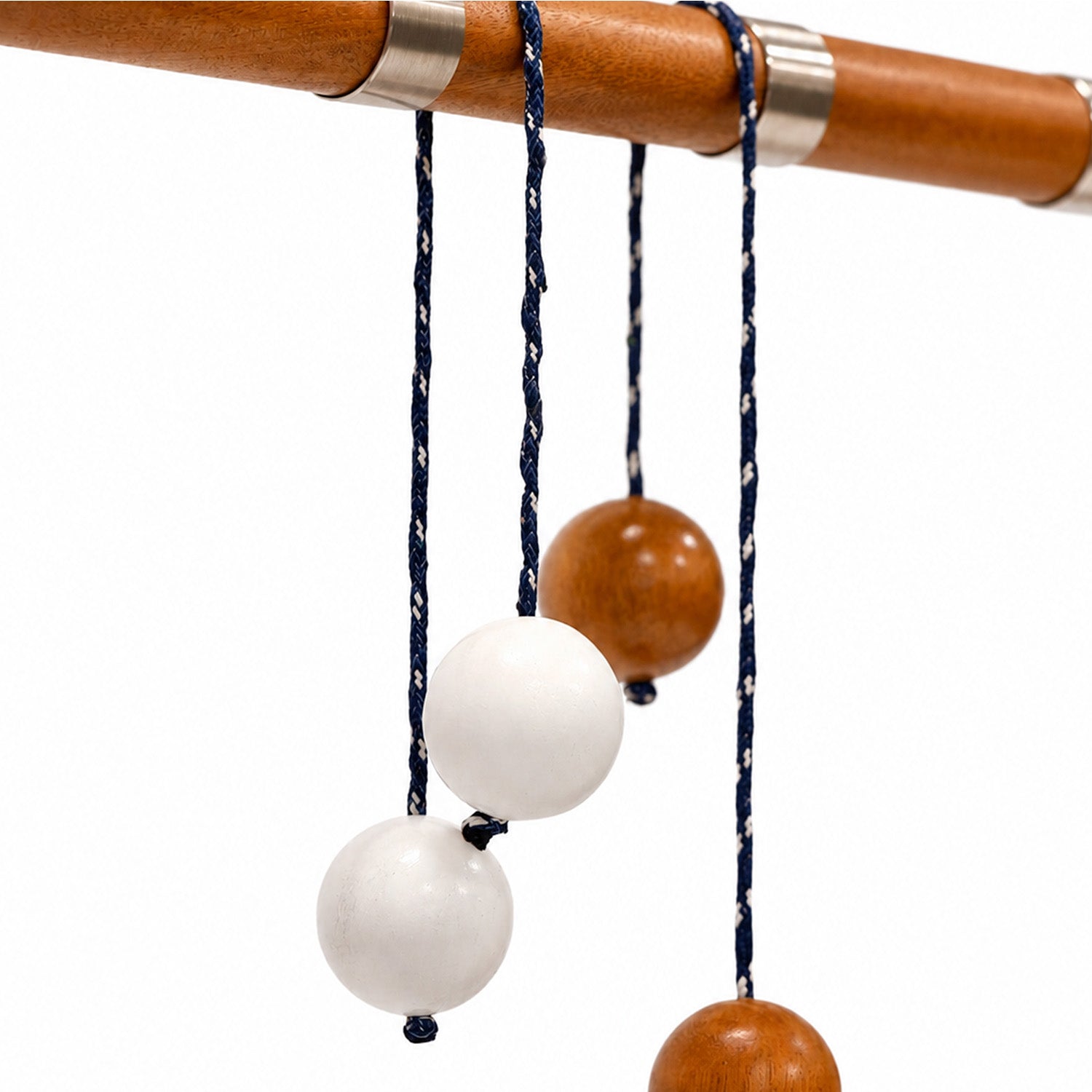 Wooden hanging beads with dark blue braided cords and silver metal rings, shown against a plain white background.