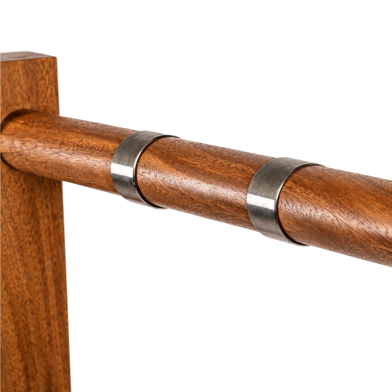 Close-up of a medium brown wooden rod or frame with two satin-finished silver metal bands securing it, shown against a plain white background.