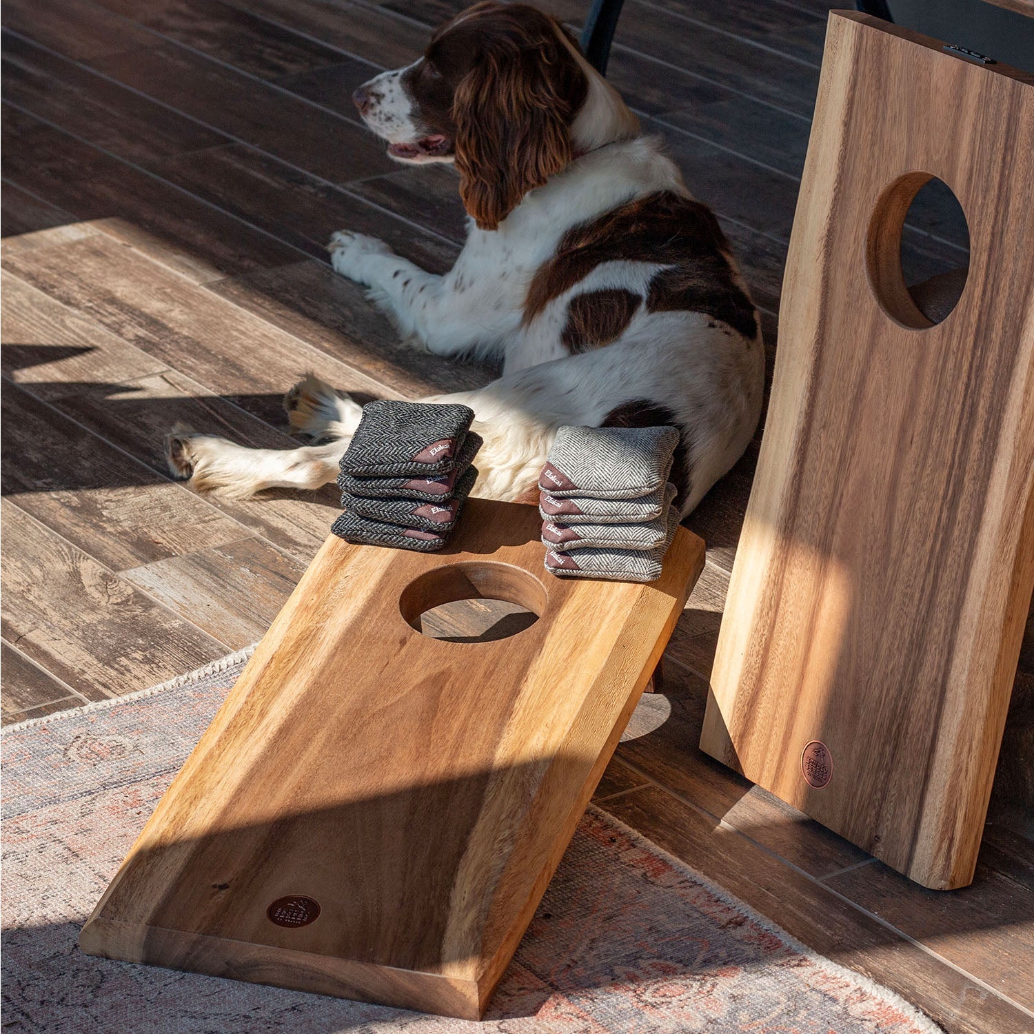 Dog sitting on a wooden dog toy with stacked cushions on a wooden floor.