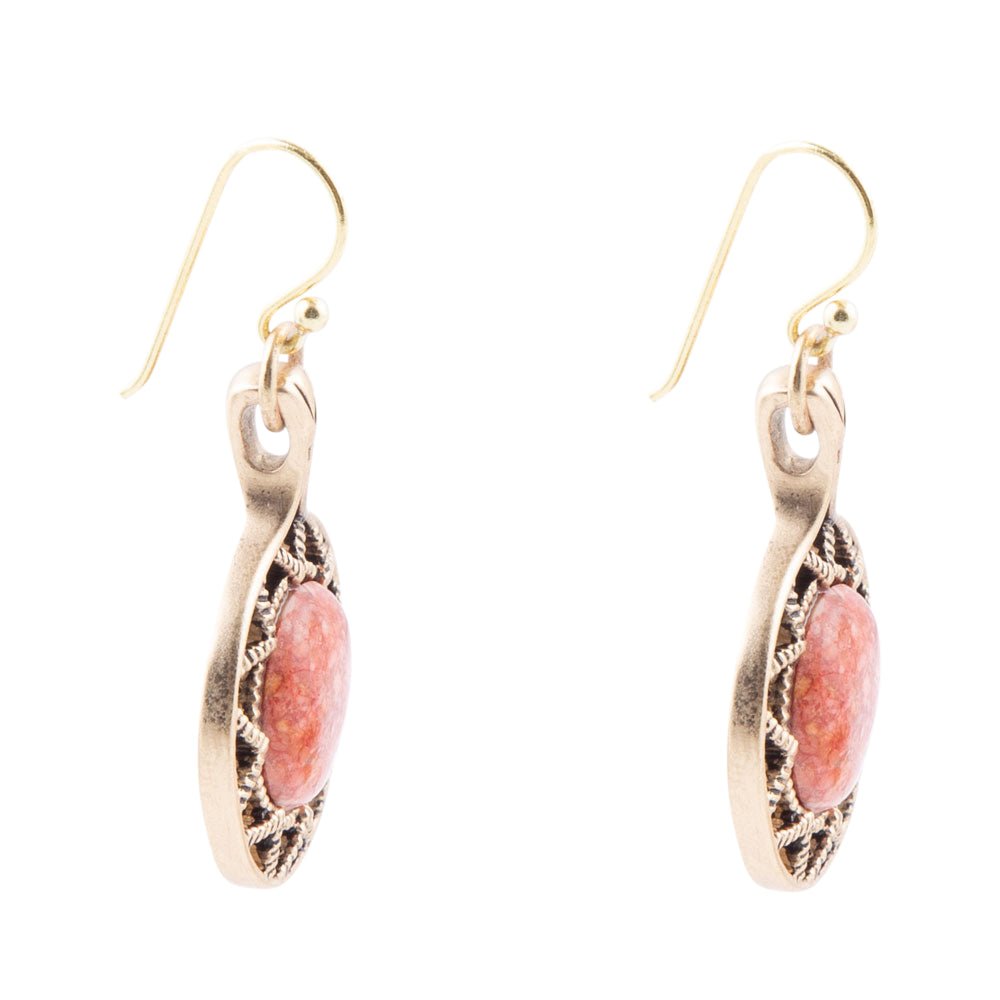 Pair of earrings with pink stones and gold accents on a white background