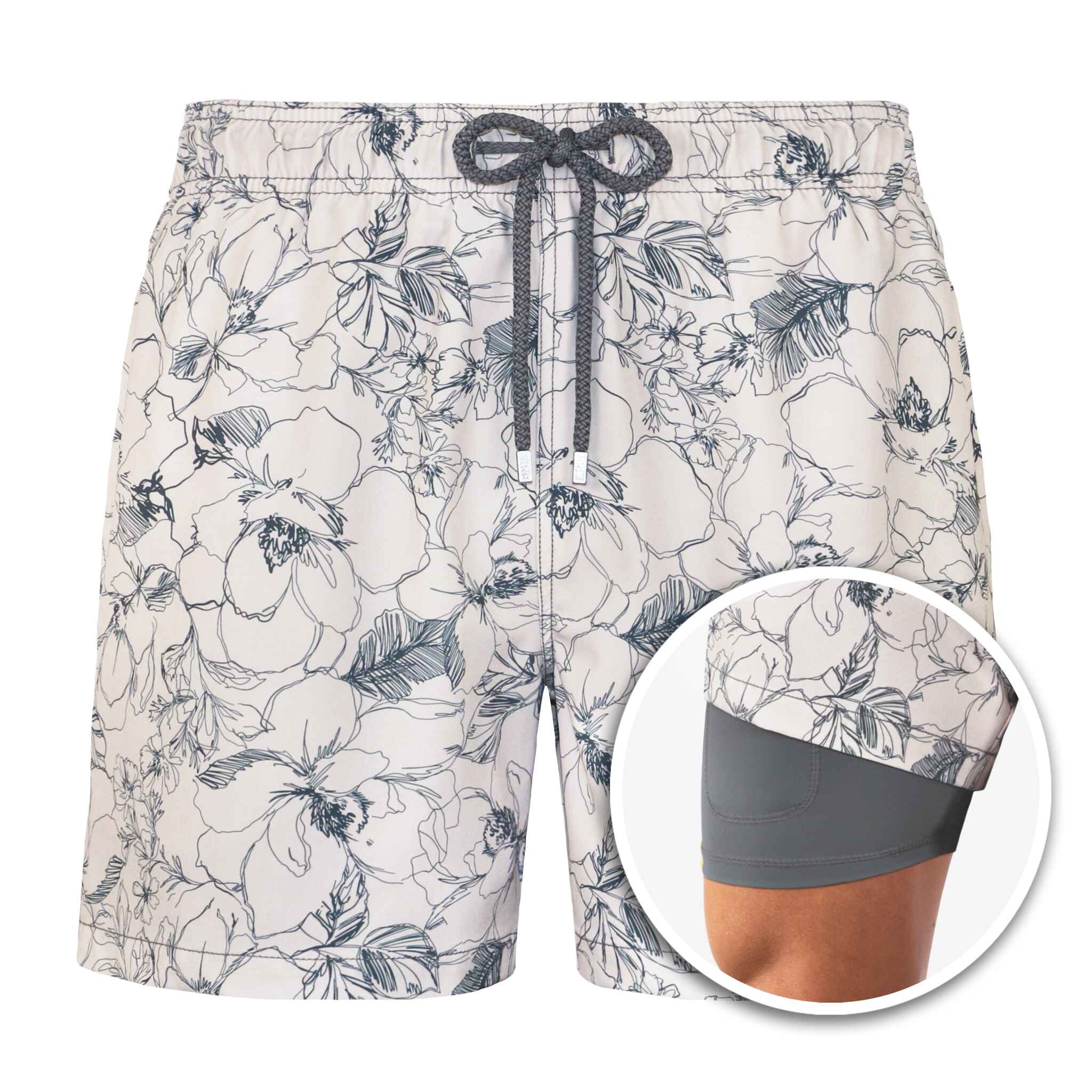 Floral patterned shorts with a close-up inset showing the inside waistband.