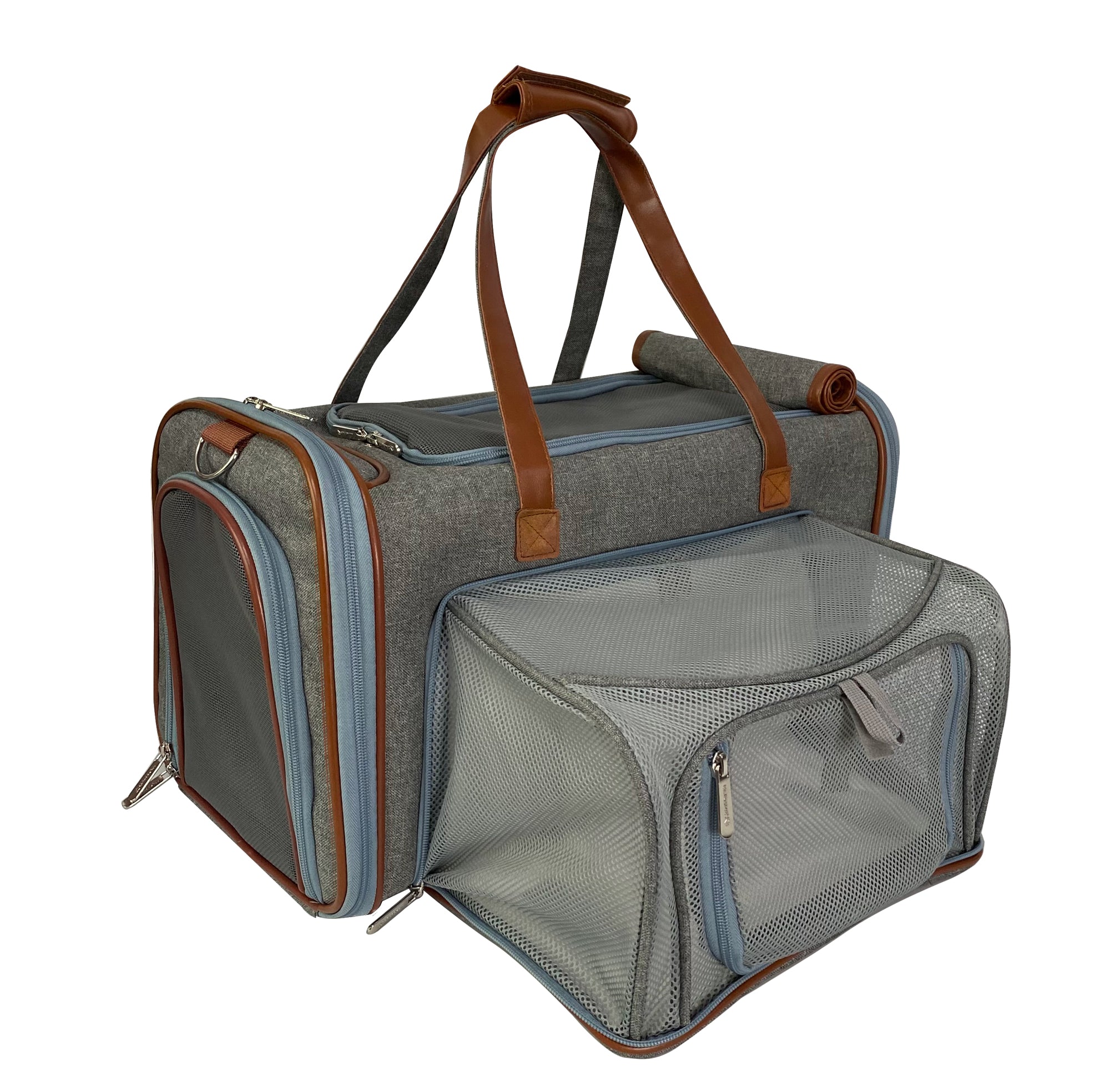 Gray pet carrier with brown handles on a white background