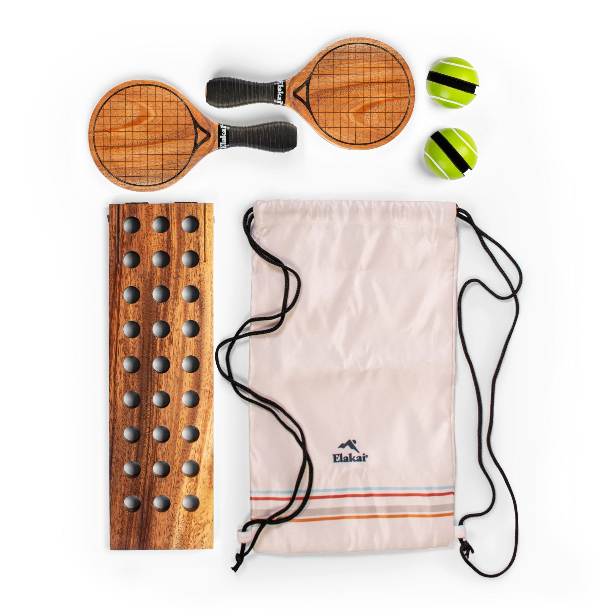 Pickleball paddle set with bags and balls on a white background