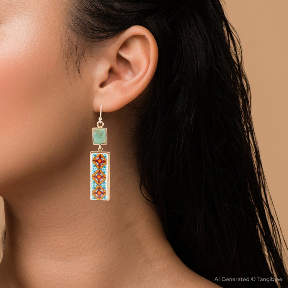 Close-up of a woman wearing a colorful rectangular earring on a beige background