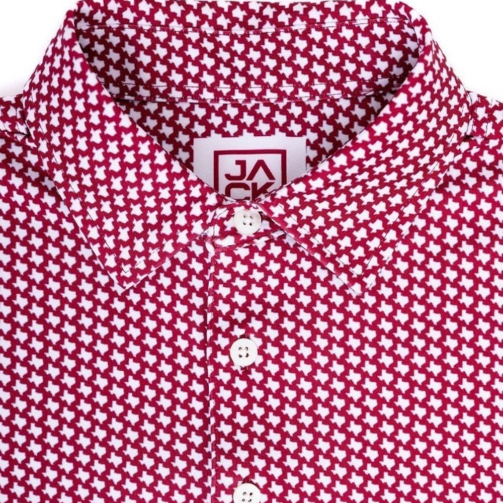 A close-up of a collared button-up shirt with a red and white houndstooth pattern, featuring a visible JACK brand label on the inner neck.