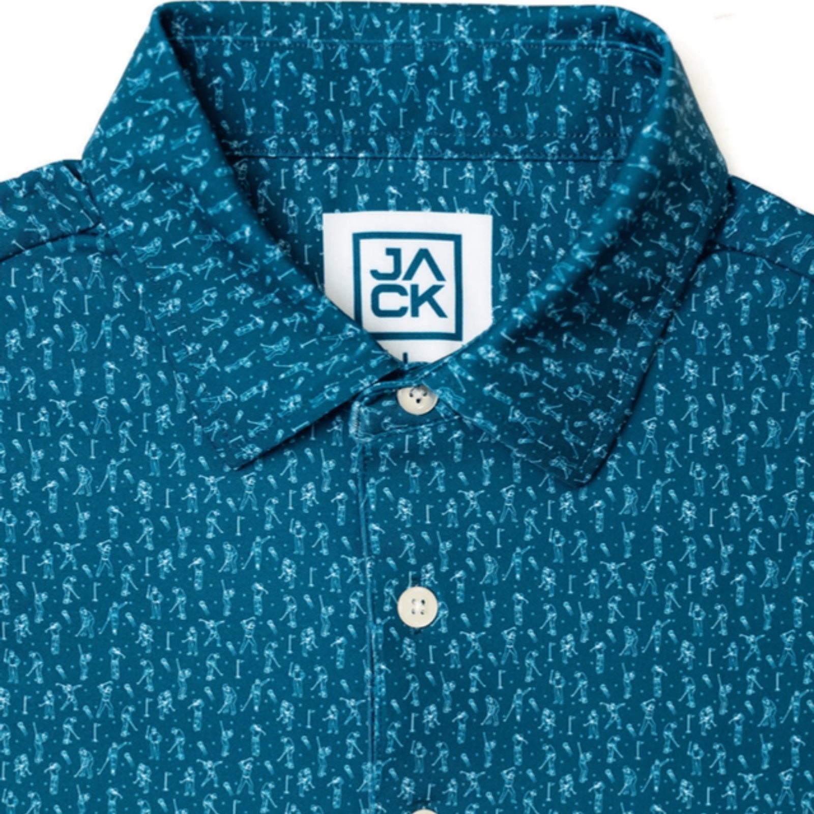 Close-up of a blue patterned button-down shirt collar with a visible Jack brand label on the inside neck, on a white background.