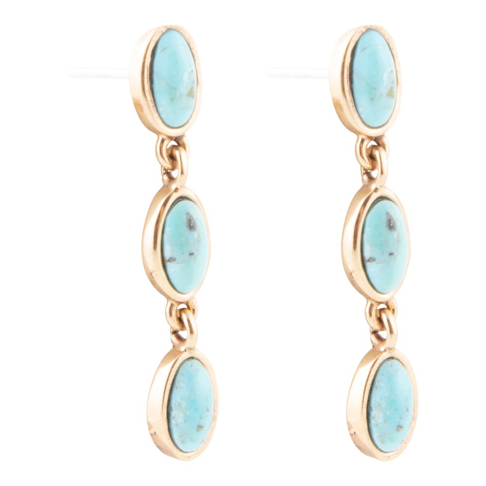 Gold earrings with turquoise stones on a white background