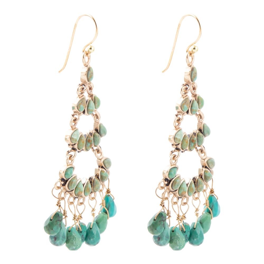 Turquoise beaded earrings with gold accents on a white background