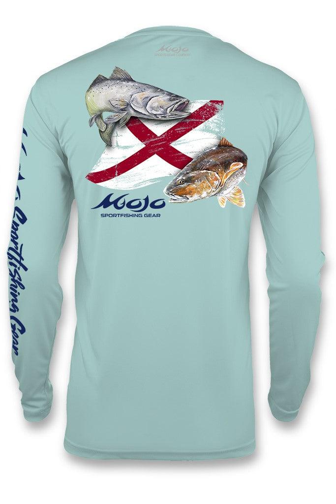 Light blue long-sleeve shirt with fish design and 'Mojo' branding on a white background