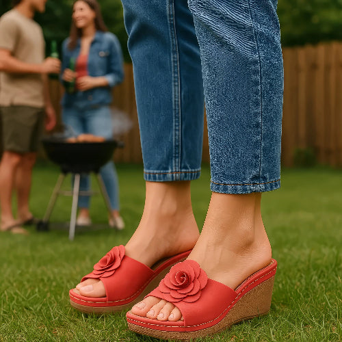 Red floral sandals worn on grass with people and a grill in the background