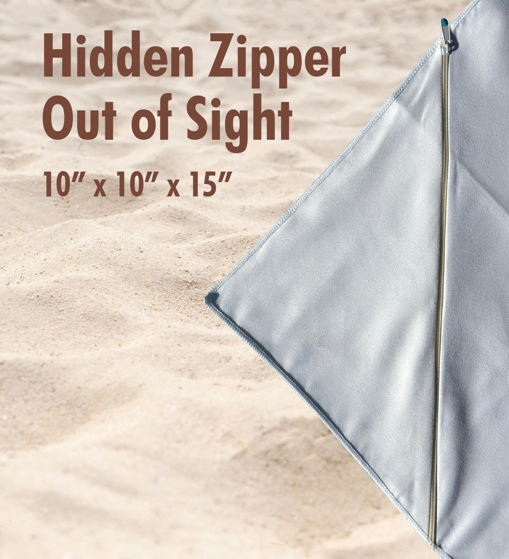 Folded fabric with a hidden zipper on a wooden surface, showing dimensions.