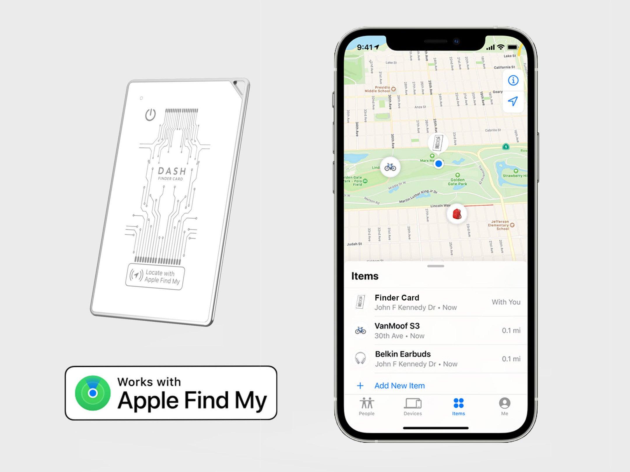 Smartphone displaying a map app with a small device labeled 'DASH' next to it on a light gray background.